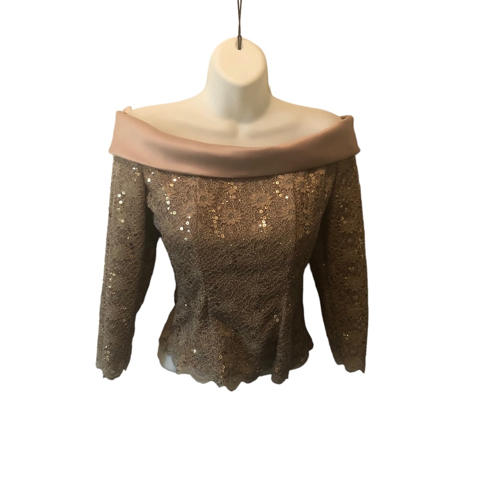 Alex Evenings Taupe Off Shoulder Lacey Sequined Holiday Top Size 6 Embellished